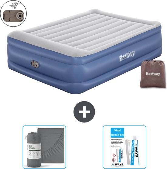 Bestway luchtbed - 2-Persoons - 152 x 203 x 56 cm - Grijs/Blauw - Inclusief pomp - Hoeslaken en Reparatieset van Bestway