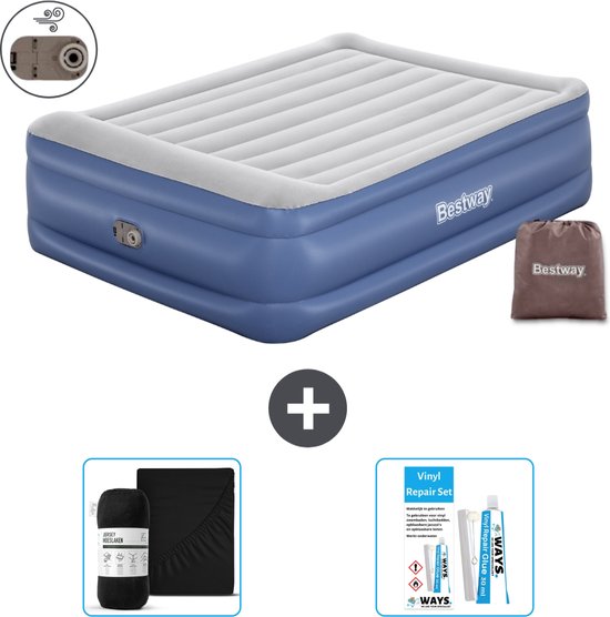 Bestway luchtbed - 2-Persoons - 152 x 203 x 56 cm - Grijs/Blauw - Inclusief pomp - Hoeslaken en Reparatieset van Bestway