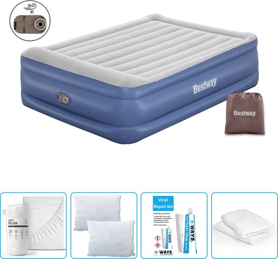 Bestway luchtbed - 2-Persoons - 152 x 203 x 56 cm - Grijs/Blauw - Inclusief pomp - Hoeslaken - Kussen - Kussenbeschermer en Reparatieset van Bestway