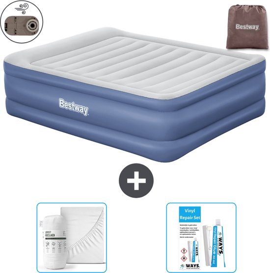 Bestway luchtbed - 2-Persoons - 152 x 203 x 61 cm - Grijs/Blauw - Inclusief pomp - Hoeslaken en Reparatieset van Bestway