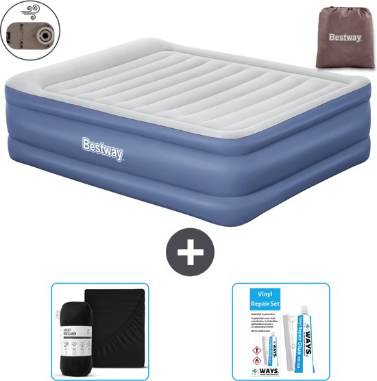 Bestway luchtbed - 2-Persoons - 152 x 203 x 61 cm - Grijs/Blauw - Inclusief pomp - Hoeslaken en Reparatieset van Bestway