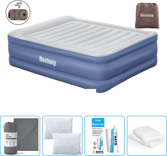 Bestway luchtbed - 2-Persoons - 152 x 203 x 61 cm - Grijs/Blauw - Inclusief pomp - Hoeslaken - Kussen - Kussenbeschermer en Reparatieset van Bestway
