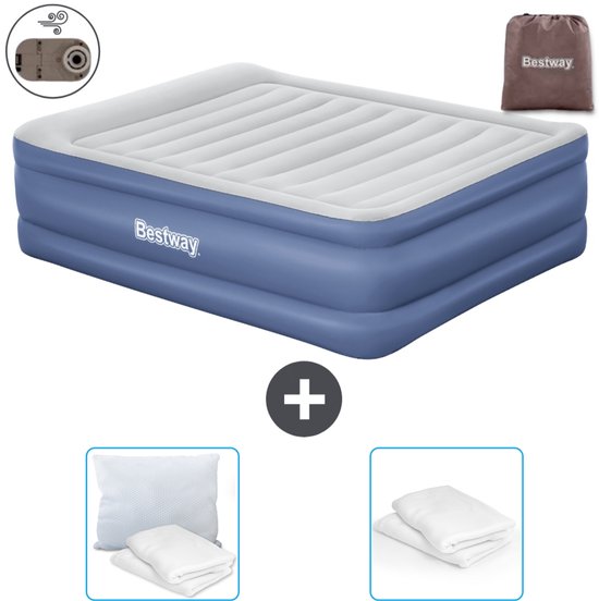 Bestway luchtbed - 2-Persoons - 152 x 203 x 61 cm - Grijs/Blauw - Inclusief pomp - Kussen en Kussenbeschermer van Bestway