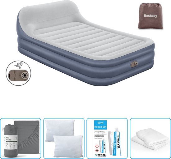 Bestway luchtbed - 2-Persoons - 152 x 226 x 46 cm - Grijs - Inclusief pomp - Hoeslaken - Kussen - Kussenbeschermer en Reparatieset van Bestway