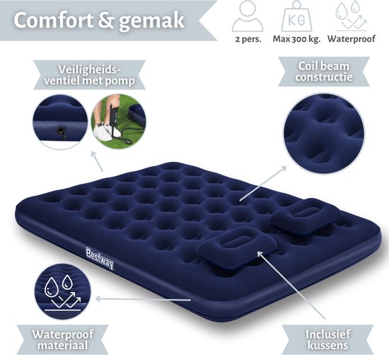 Bestway luchtbed - 2-Persoons - 152x203x22 cm (BxLxH) - Blauw - Inclusief handpomp & 2 kussens van Merkloos
