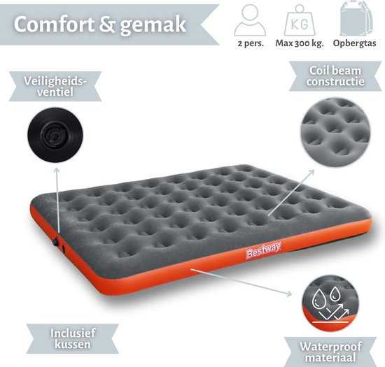 Bestway luchtbed - 2-Persoons - 152x203x22 cm (BxLxH) - Grijs/Oranje - Inclusief 3-in-1 opbergtas van Bestway