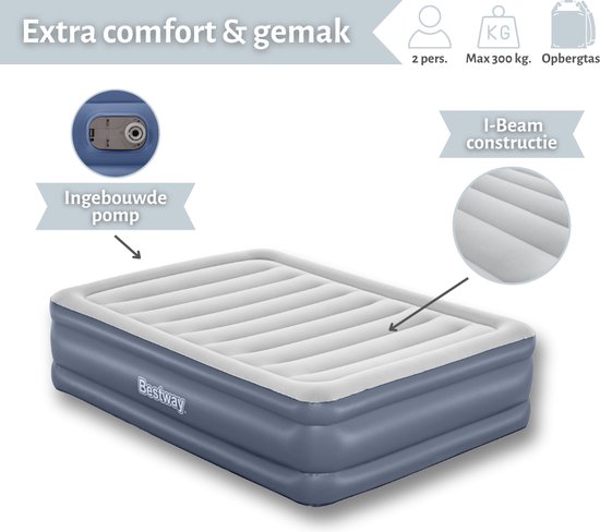 Bestway luchtbed - 2-Persoons - 152x203x51 cm (BxLxH) - Grijs - Met ingebouwde elektrische pomp - Inclusief opbergtas van Merkloos