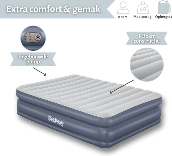 Bestway luchtbed - 2-Persoons - 152x203x51 cm (BxLxH) - Grijs - Met ingebouwde elektrische pomp - Inclusief opbergzak van Bestway
