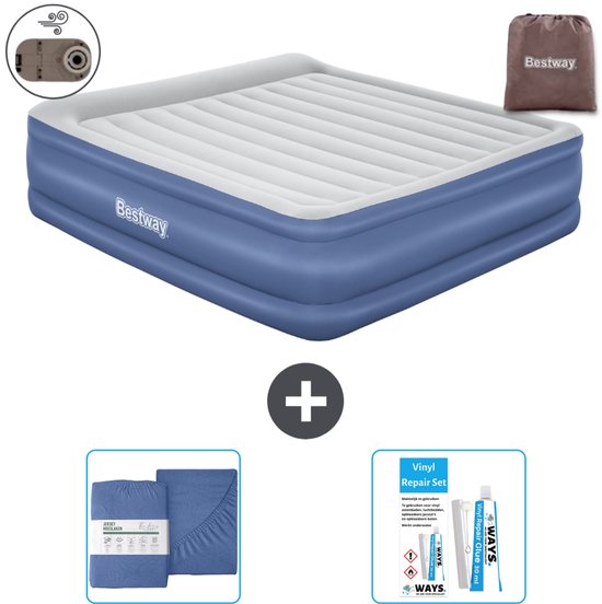Bestway luchtbed - 2-Persoons - 193 x 203 x 56 cm - Grijs/Blauw - Inclusief pomp - Hoeslaken en Reparatieset van Merkloos