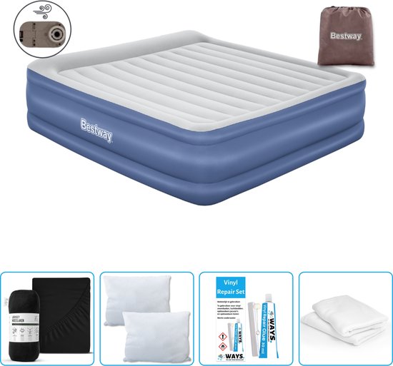 Bestway luchtbed - 2-Persoons - 193 x 203 x 56 cm - Grijs/Blauw - Inclusief pomp - Hoeslaken - Kussen - Kussenbeschermer en Reparatieset van Merkloos