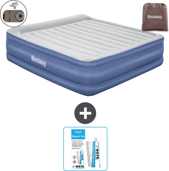 Bestway luchtbed - 2-Persoons - 193 x 203 x 56 cm - Grijs/Blauw - Inclusief pomp - Reparatieset van Merkloos