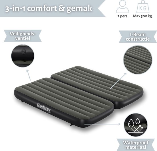 Bestway luchtbed - 3-in1 - 99x188x25 cm (BxLxH) - Groen - 1-Persoons & 2-Persoons van Bestway