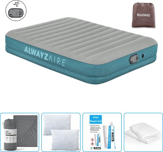 Bestway luchtbed Alwayszair - 2-Persoons -152 x 203 x 36 cm - Grijs/Blauw - Inclusief pomp - Hoeslaken - Kussen - Kussenbeschermer en Reparatieset van Bestway