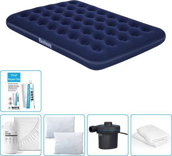 Bestway luchtbed - Twijfelaar - 137 x 191 x 22 cm - Blauw - Inclusief Hoeslaken - Kussen - Kussenbeschermer - Pomp en Reparatieset van Bestway