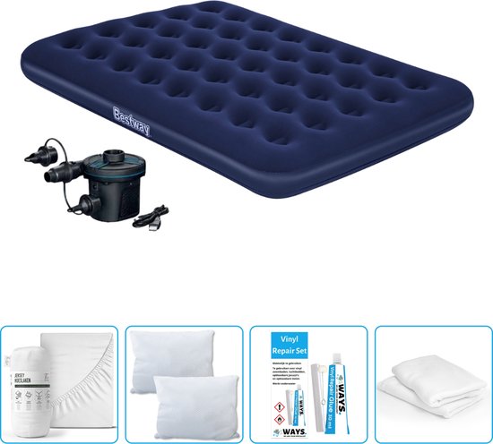 Bestway luchtbed - Twijfelaar - 137 x 191 x 22 cm - Blauw - Inclusief pomp - Hoeslaken - Kussen - Kussenbeschermer en Reparatieset van Bestway