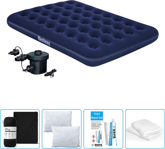 Bestway luchtbed - Twijfelaar - 137 x 191 x 22 cm - Blauw - Inclusief pomp - Hoeslaken - Kussen - Kussenbeschermer en Reparatieset van Bestway