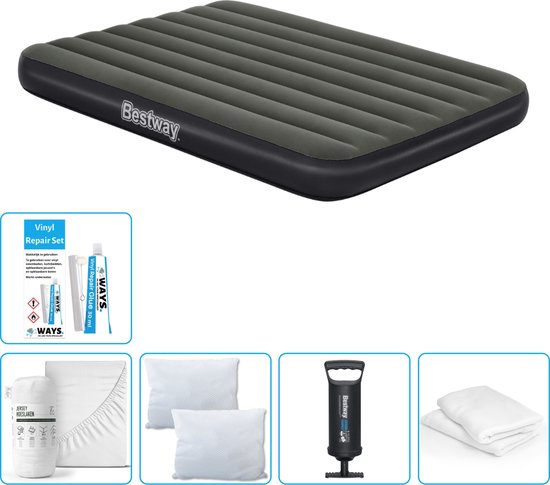 Bestway luchtbed - Twijfelaar- 137 x 191 x 25 cm - Groen - Inclusief Hoeslaken - Kussen - Kussenbeschermer - Pomp en Reparatieset van Bestway