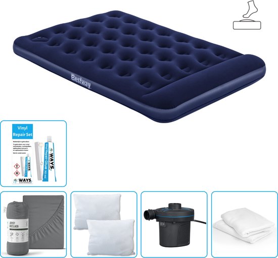 Bestway luchtbed - Twijfelaar - 137 x 191 x 28 cm - Blauw - Inclusief pomp - Hoeslaken - Kussen - Kussenbeschermer - Pomp en Reparatieset van Bestway