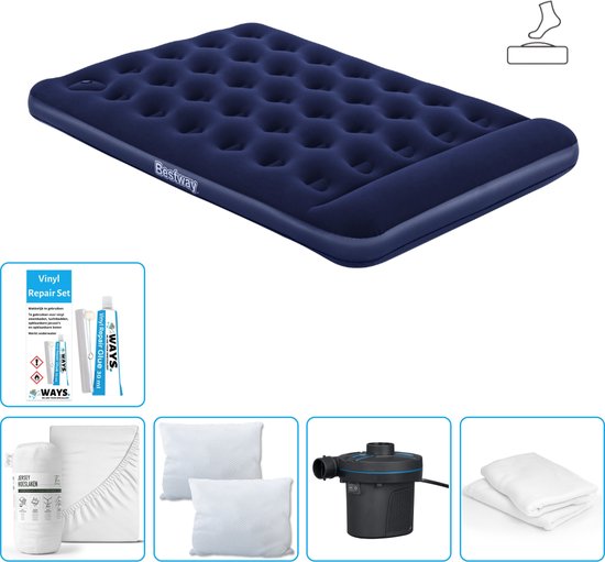 Bestway luchtbed - Twijfelaar - 137 x 191 x 28 cm - Blauw - Inclusief pomp - Hoeslaken - Kussen - Kussenbeschermer - Pomp en Reparatieset van Bestway
