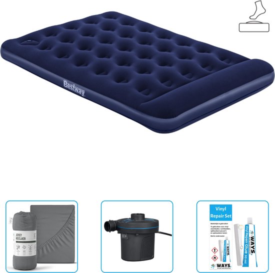 Bestway luchtbed - Twijfelaar - 137 x 191 x 28 cm - Blauw - Inclusief pomp - Hoeslaken - Pomp en Reparatieset van Bestway