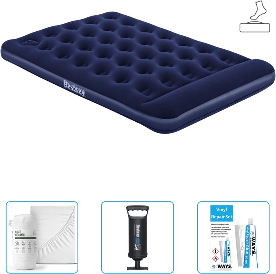 Bestway luchtbed - Twijfelaar - 137 x 191 x 28 cm - Blauw - Inclusief pomp - Hoeslaken - Pomp en Reparatieset van Bestway