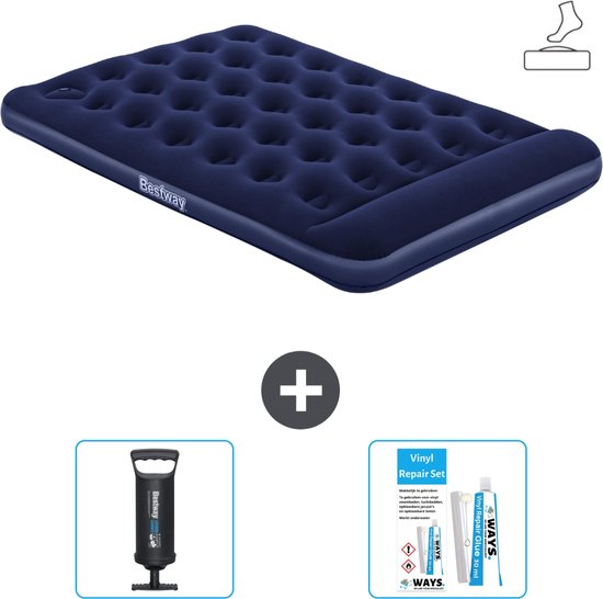 Bestway luchtbed - Twijfelaar - 137 x 191 x 28 cm - Blauw - Inclusief pomp - Pomp en Reparatieset van Bestway