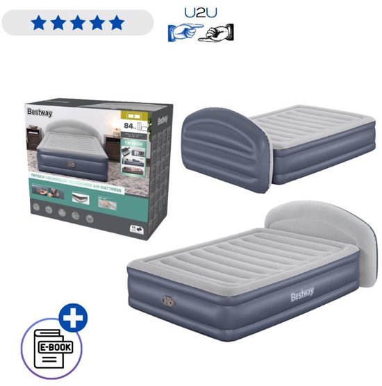 Bestway Opblaasbaar Luchtbed 2 Persoons 152x229x84 cm - Luxe Tweepersoons Air Mattress Met Ingebouwde Elektrische Pomp En Hoofdsteun - Verhoogd Velours Logeerbed Voor Binnengebruik Met Ebook