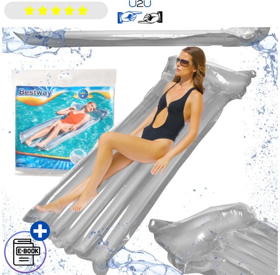 Bestway Opblaasbaar Zwemmatras 183x76 cm Grijs 44013 - Drijvend Luchtbed voor Zwembad Strand en Vakantie - Comfortabel Watermatras met Gevormd Hoofdkussen - Twee Luchtkamers voor Extra Stabiliteit - Draagvermogen tot 90 kg - Met Ebook