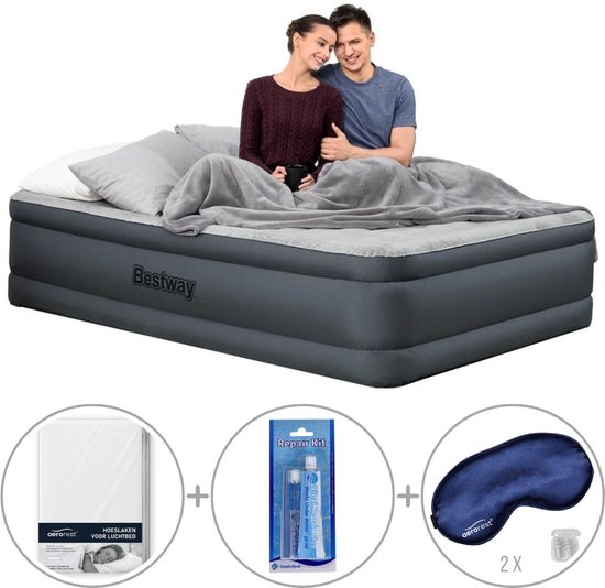 Bestway Tough Guard Comfy luchtbed | Tweepersoons | 203 x 152 x 46 cm | Inclusief bijpassend hoeslaken + reparatiekit + twee slaapmaskers van Merkloos