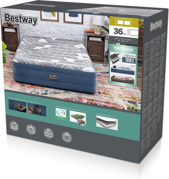 Bestway Tritech Fashion Flock Queen Luchtmatras met Ingebouwde AC Pomp en Antimicrobiële Coating 2,03 mx 1,52 mx 36 cm van Bestway