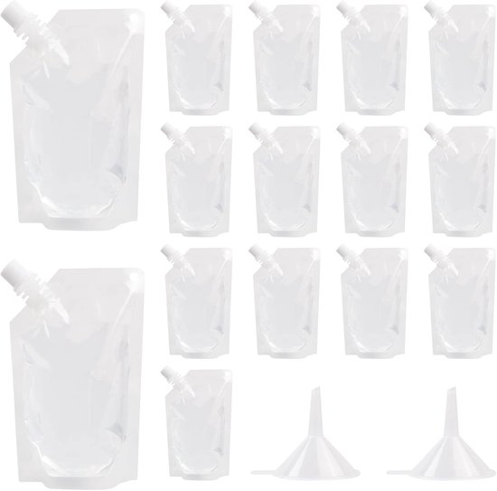 Beverage Bags, 15 Transparent Drink Bags, Reusable Spout Bags and 2 Pieces Funnel, Plastic Drinking Bag for Ice - ShopVlot