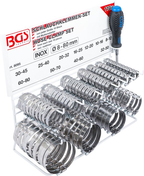 BGS Slangklem assortiment roestvrij rekje 111 delig van BGS technic