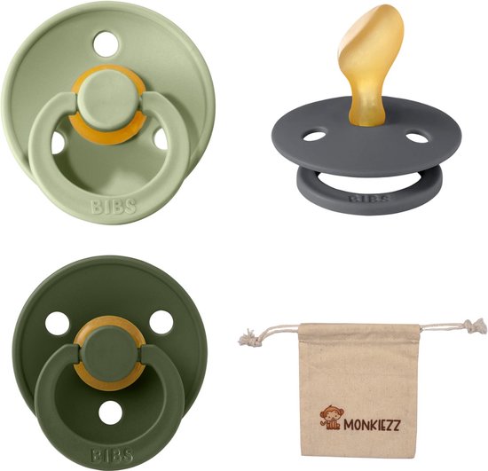 Bibs Dental fopspenen Anatomical 6-18 maanden- Set 3 stuks- Sage, Iron, Hunter Green - + Monkiezz speenzakje - orthodontisch- Anatomisch- Maat 2 van Bibs