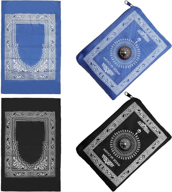 Bidmat Set - Reisgebedskleed Kompas - Gebed Buiten Huis - Ingebouwd Kompas Winddicht - 100 x 60 cm - Zwart Blauw van Merkloos