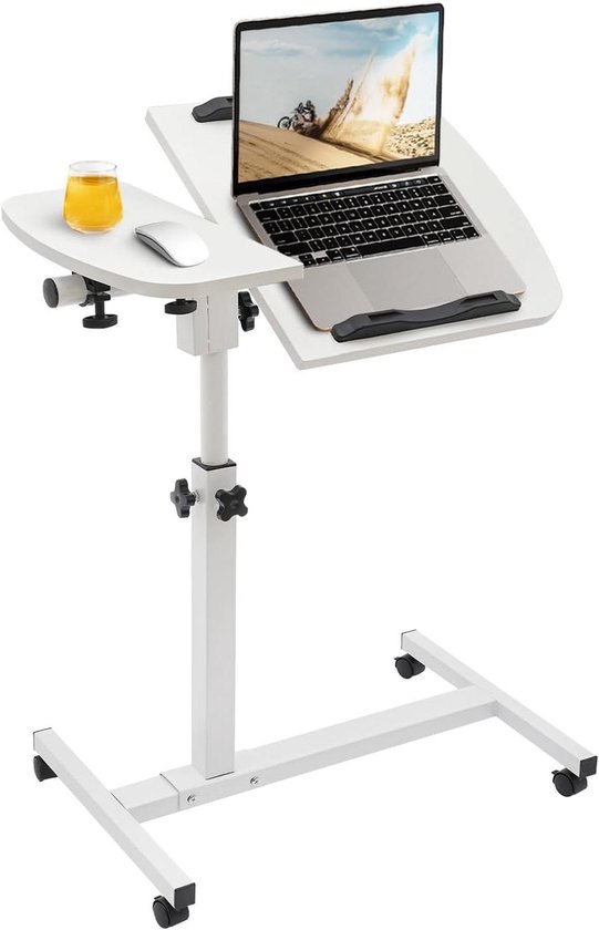 Bijzettafel In Hoogte Verstelbaar - Laptoptafel Bedtafel - Thuiswerken Bank - 360° Kantelbaar Bord - 60 x 40 cm - Wit