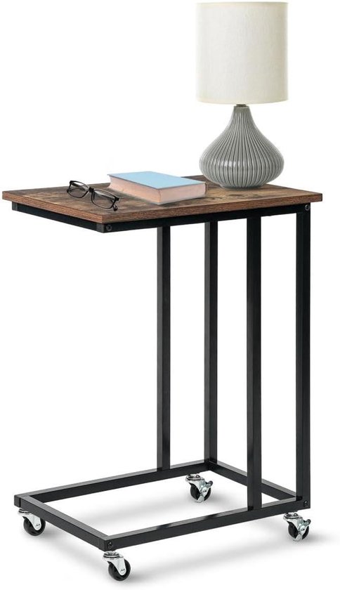 Bijzettafel op wieltjes - Laptoptafel C-vorm - Werken en ontspannen - Ruimtebesparend ontwerp - 50x35x67 cm - Houtlook en zwart