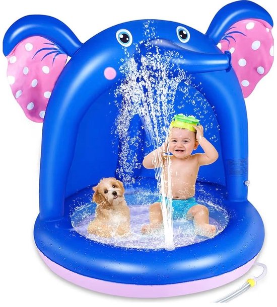 BIXc®- babyzwembad met luifel - voor schaduw - opblaasbaar - 105 cm x 100 cm - en luchtbed extra zachte bubbelbodem - sproeier- spatwaterspray - waterplezier - zomer - tuin - zwembad - buiten en binnen - voor kinderen - olifant.