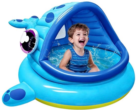 BIXc®- Opblaasbaar kinderbadje met zonnebescherming, luchtbed, babyzwembad met dak 1,47 m x 1,43 m x 0,79 m, voor zomer, blow-up zwembad