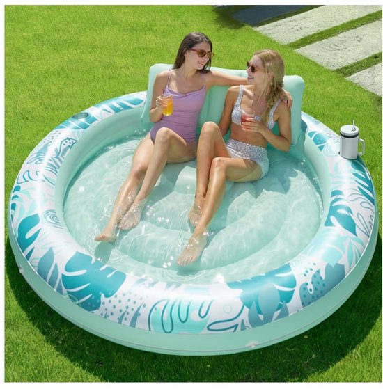 BIXc®- Opblaasbare zonnebank ligstoel, 182 x 165 cm, voor volwassenen met kussen, luxe stof, groot vlot, lounge camping.