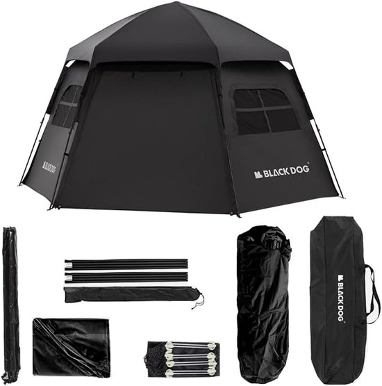 Blackdog Koepeltenten - Hoogwaardige kampeertent - Zeshoekige automatische - Familietent draagbaar - Opvouwbaar zwart lijm - Zonnebrandcrème en regenbestendig - Zwart van Merkloos