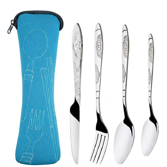 Blauw camping bestek dames en heren 4 delige RVS bestek set met mes vork lepels en opbergtas draagbaar tafelgerei voor kamperen reizen picknick en outdoor gebruik