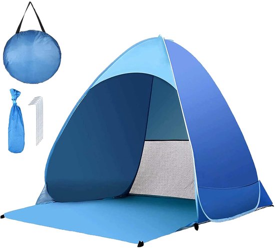 Blauwe 2-persoons pop-uptent – materiaal met zilvercoating & flexibel staaldraad – Direct op te zetten – Ideaal voor kamperen & bescherming tegen de zon op het strand – Kampeertent voor buiten – zonder deurflap - Blauw - 1 stuk - 145 x 165 x 110 cm