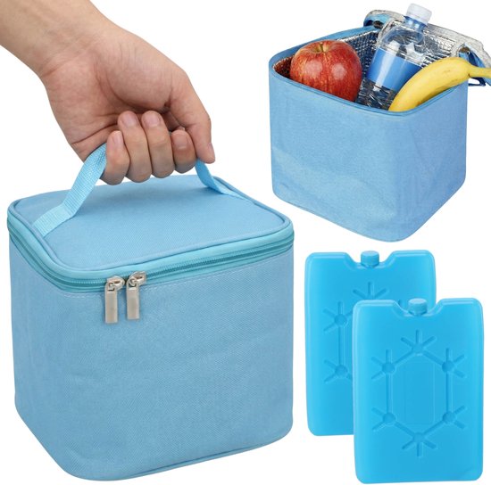 Blauwe koeltas 17x17x15cm 4L met twee koelelementen, geïsoleerde lunchbox van Merkloos