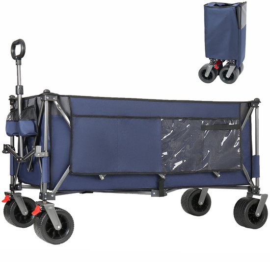 Blauwe opvouwbare handwagen, gepatenteerd 4-weg direct opbouw, 300L laadruimte, 250kg draagvermogen, verlengd 130cm, extra breed, 17x10cm all-terrain wielen.