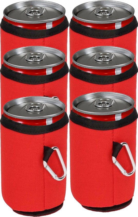Blikjeskoeler - Drankkoeler - Thermohoes - Koelhoudhoes - 6 stuks - Karabijnhaak - Rood - Fleskoeler - Bierkoeler - Koelzak van Merkloos