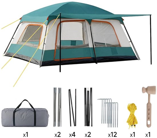 Blinxz.store – Ruime 4-6 Persoons Trekkerstent met 2 Slaapkamers en Luifel- campingtent - Groen - Tent 4-6 personen - Koepeltent
