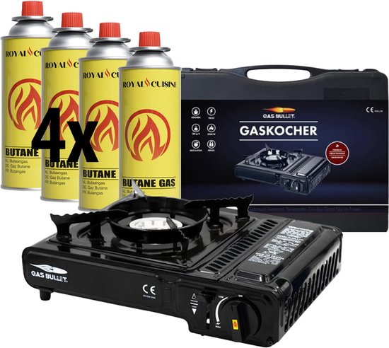 BlockTravel - Gasstelletje noodpakket - Camping gasstel - Gasbrander - kooktoestel - incl. 4 Butaan Gasbussen - Gas Stove - Draagkoffer van Merkloos