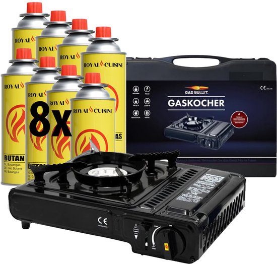 BlockTravel - Gasstelletje noodpakket - Camping gasstel - Gasbrander - Kooktoestel - incl. 8 Butaan Gasbussen - Gas Stove - Draagkoffer van Merkloos