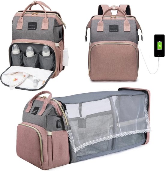 Bloominggoods® Luiertas Rugzak met Babybed - Inclusief Flessenwarmhouder - Kinderwagenhaken en Isoleervak - Roze/Grijs - BPA-vrij van Bloominggoods®