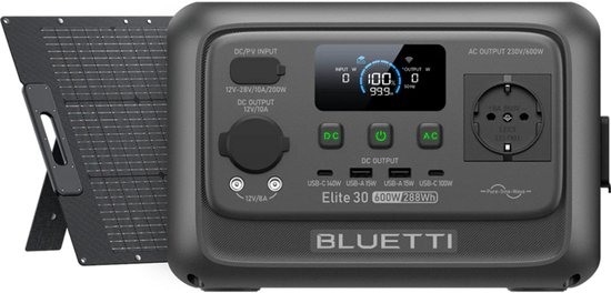 BLUETTI Elite 30 V2 600W 288Wh Powerstation met 100W zonnepanelen- ≤10 ms Pro-Grade UPS Backup - Back-up voor thuis-140 W PD snelladen -TurboBoost-opladen-<30 dB fluisterstille werking-LFP-batterij-Tot 1500 W hefvermogen-USB-C-poort-off-grid,Kamperen van BLUETTI